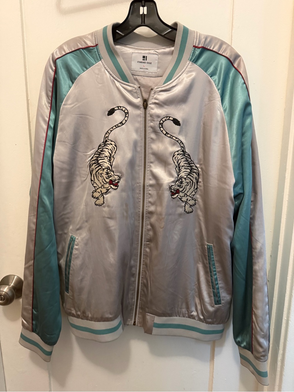 Embroidered Tiger Satin Bomber Jacket -